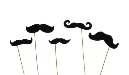 Set of different paper mustaches on wooden sticks against white background