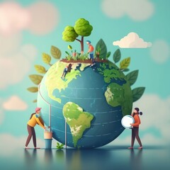 Planet earth and save the planet concept with people taking care of the earth