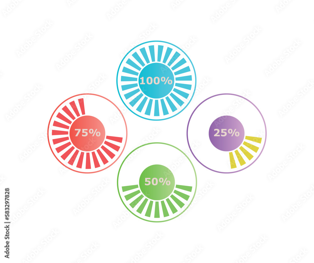 Aufkleber info buttons concept. multicolored round progress bars with percentages. data visualization for dash