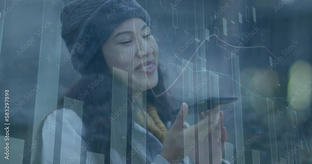 Poster animation of multiple graphs with numbers over smiling asian woman talking on cellphone