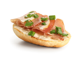 Tasty bruschetta with ham isolated on white background