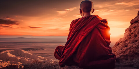Buddhist monk meditating on a rock, digital ai art - obrazy, fototapety, plakaty
