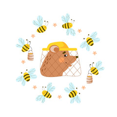 Flowers and swarm of funny bees carrying honey in barrels, flying around head of cute bear wearing a beekeeper's hat with net. Minimalist children's flat vector illustration on white background. 