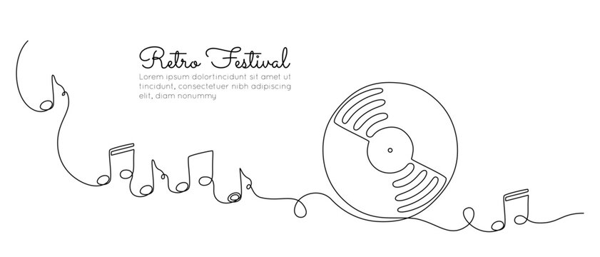 One continuous line drawing of Vinyl LP record with notes. Vintage black disk and Retro sound album in simple linear style. Editable stroke. Doodle vector illustration