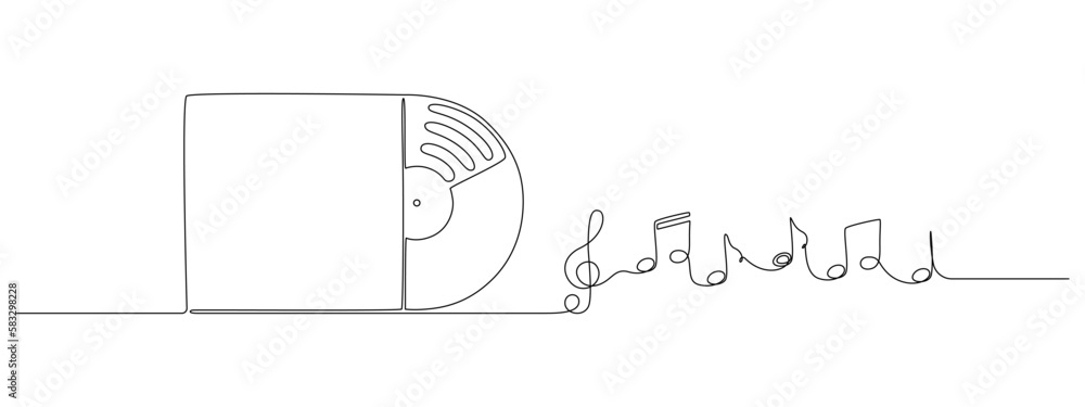 Aufkleber one continuous line drawing of vinyl lp record. vintage black disk and retro sound album in simple l