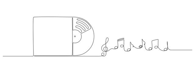 One continuous line drawing of Vinyl LP record. Vintage black disk and Retro sound album in simple linear style. Editable stroke. Doodle contour vector illustration