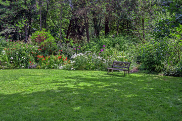 Spring. Resting place at Paulik Neighbourhood Park of Richmond City. Bench under the canopy of  tree on a green lawn with flower beds among flowering shrubs, British Columbia, Canada