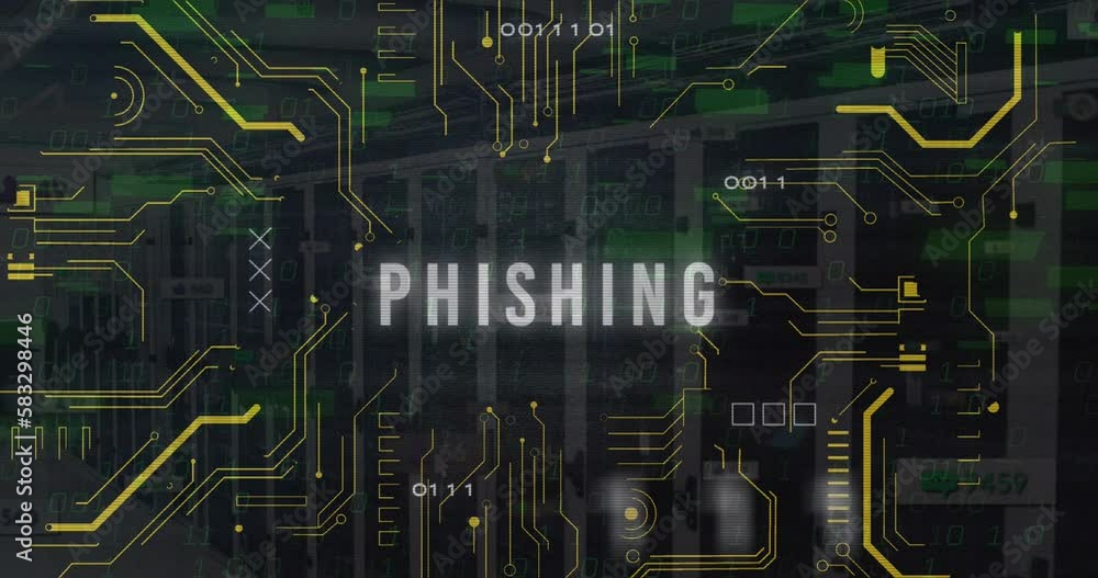 Poster animation of phishing text in circuit board pattern over binary codes against server room