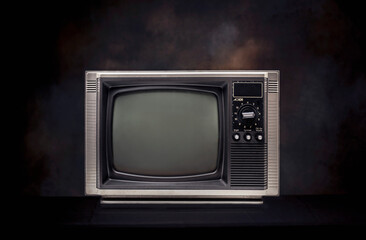 Front view of retro old television with blank screen on the black background. old vintage TV