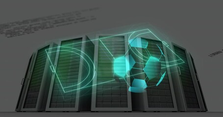 Animation of neon stadium and data processing over server room and football - Powered by Adobe
