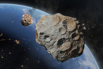 Blue Earth and asteroids in the space. View of planet Earth from space. Elements of this image furnished by NASA, 3d animation © Mikael Damkier