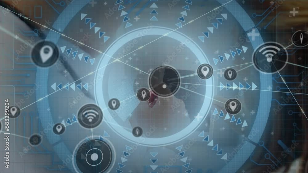 Poster animation of network of connections and scope scanning over diverse business people using tablet