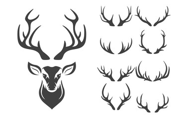 Vector Reindeer Horns, Antlers. Deer Horn Silhouettes. Hand Drawn Deers Horn, Antler Set. Animal Antler Collection. Design Elements of Deer. Wildlife Hunters, Hipster, Christmas and New Year concept