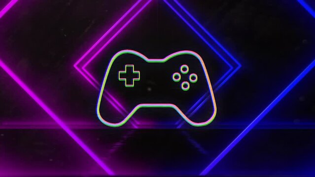 Animation of gamepad icon and neon shapes moving on black background