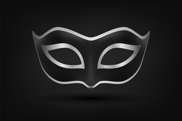 Vector 3d Realistic Black and Silver Carnival Face Mask on Black Background. Mask for Party, Masquerade Closeup. Design Template of Mask. Carnival, Party, Secret, Hero, Stranger Concept