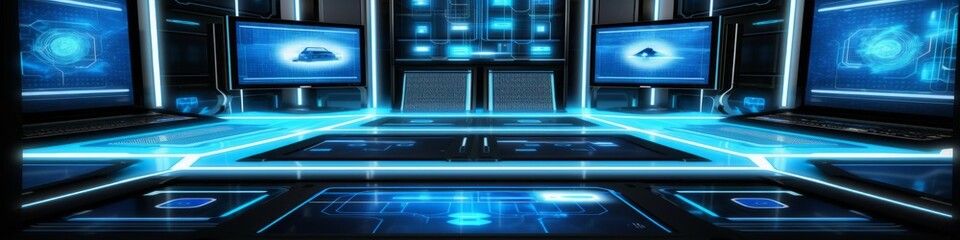 Obraz premium A technology header or border with glowing neon, block chain, internet, communication concept, Generative AI. 