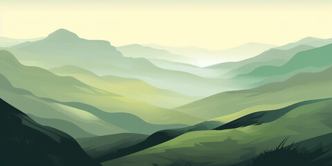 Green background illustration with mountains and fields