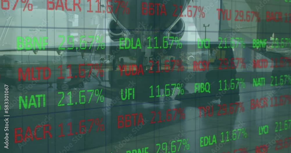 Poster animation of financial data processing over world map and plane