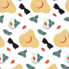 Seamless pattern with beach wide brimmed straw hat, sunglasses, strawberry and mint leaves. Flat lay
