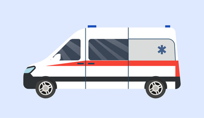 Ambulance car side view. Health care and urgent and emergency help and support. Rescue vehicle van with sirens. Government transport. Template, layout and mockup. Cartoon flat vector illustration
