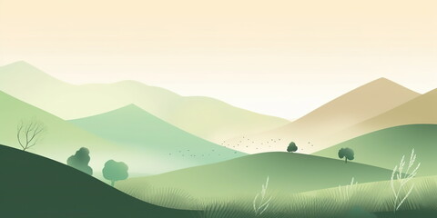 Green background illustration with mountains and fields