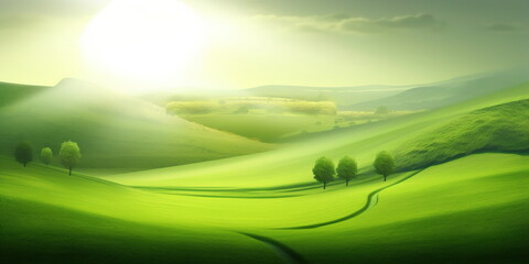 Obraz na płótnie Canvas Green background illustration with mountains and fields