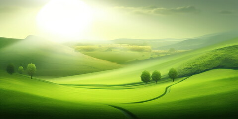 Obraz premium Green background illustration with mountains and fields