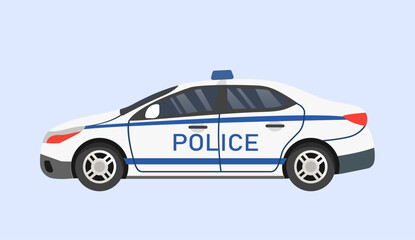 Police car side view. Goverment transport for fight with crime. Guards and officers in car with sirens. . Cartoon flat vector illustration