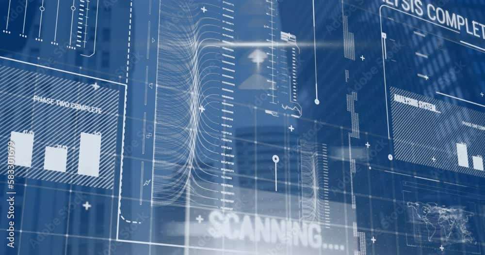 Poster Animation of computer language over loading bars, map, graph, texts over low angle view of buildings