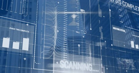 Animation of computer language over loading bars, map, graph, texts over low angle view of buildings