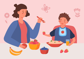 Mother feeds son. Woman gives food on spoon to little boy. Comfort and coziness, care for child. Breakfast, porridge with strawberries and juice. Cartoon flat vector illustration