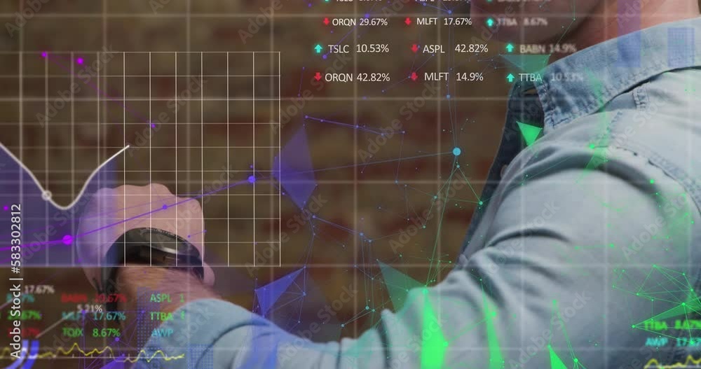 Poster animation of connected dots, graphs, trading boards over men checking time and using smartphone