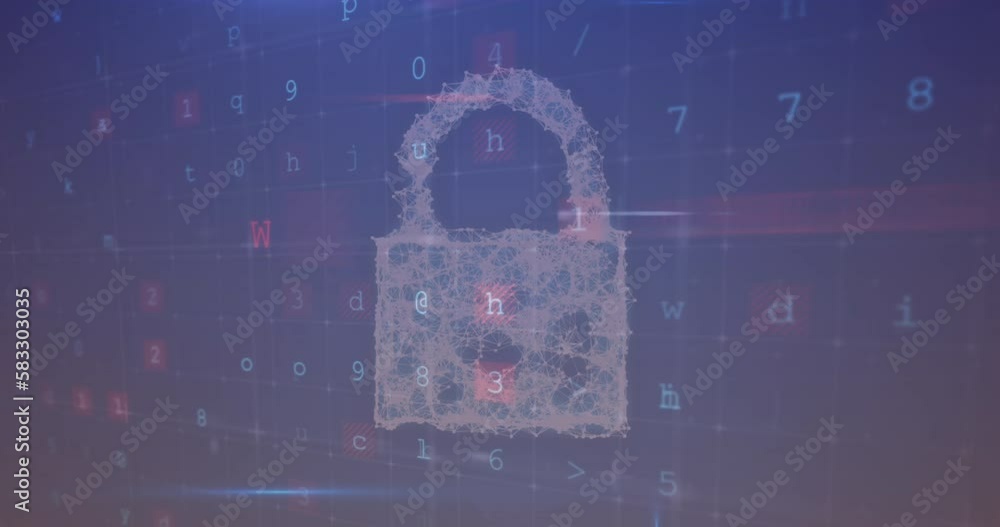 Poster animation of cyber attack text, data processing over online security padlock