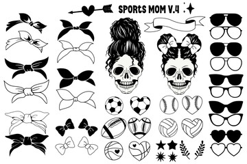 Sports Mom Skeleton Messy Bun bundle, Skeleton Messy bun Set Mother's day design for t-shirt, Skeleton Messy Bun Element. Sports Mom V.4 
