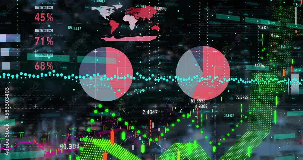 Poster animation of multicolored infographic interface, changing numbers against buildings in background