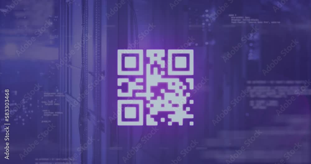 Poster animation of qr code over computer language against server room in background