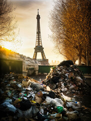 Garbage collectors strike, heaps of garbage in front of the Eiffel Tower in Paris,  - generative ai