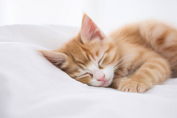 Red kitten sleeping peacefully on the white bed. Generative AI