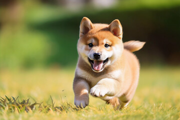 Happy Shibainu puppy running on green lawn. Generative AI