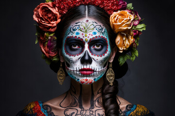 vPortrait of a woman wearing day of the dead mexican skull costume. Generative ai