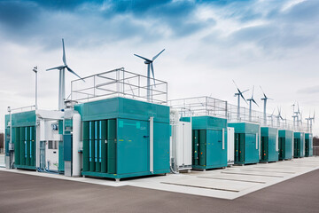 Fototapeta na wymiar Green Hydrogen renewable energy production facility - green hydrogen gas for clean electricity solar and windturbine facility. ai generative.