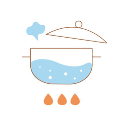 Cooking in pan. Stage of preparation, boiled water with steam. Kitchen utensils on fire and on stove. Infographics and distance learning. Cartoon flat vector illustration