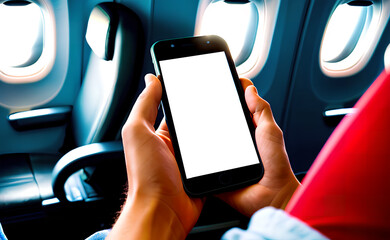 Hand-holding smartphone on white background. Generic mobile smartphone in an airplane, Generative AI