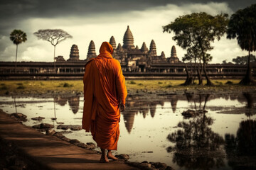 Naklejka premium 風景写真 アンコールワット（シェムリアップ）に向かって立つアジアの僧侶