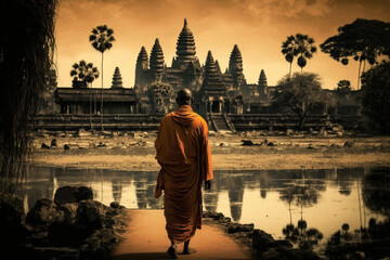 Fototapeta premium 風景写真 アンコールワット（シェムリアップ）に向かって立つアジアの僧侶