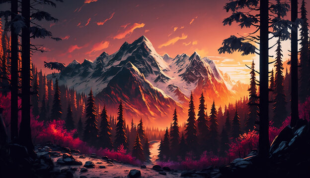 Get Lost In A World Of Wonder With An Exquisite 4K Wallpaper Of A Painted Dreamlike Sunset Forest - Your Ultimate Desktop Upgrade!