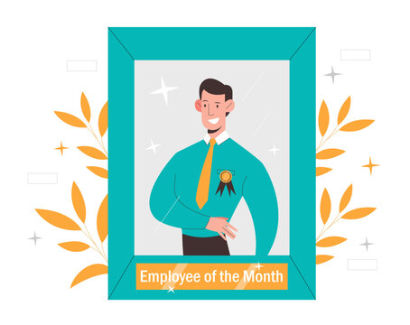 Employee month concept. Portrait of man in green frame. Successful and hardworking worker. Achievement, business award and reward. Pride and motivation, honor. Cartoon flat vector illustration