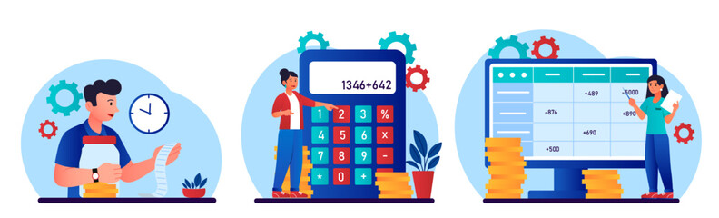 Set of financial scenes. Man with check, woman with calculator and young girl near tables at computer. Budget planning and accounting. Cartoon flat vector illustrations isolated on white background