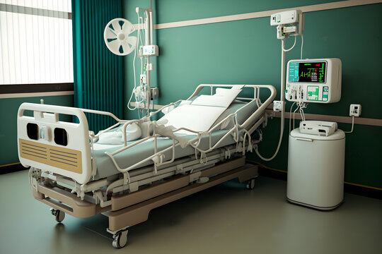 Intensive Care Bed With Ventilator For Covid-19 Patient In Clinic With Coronavirus Epidemic 3D Rendering