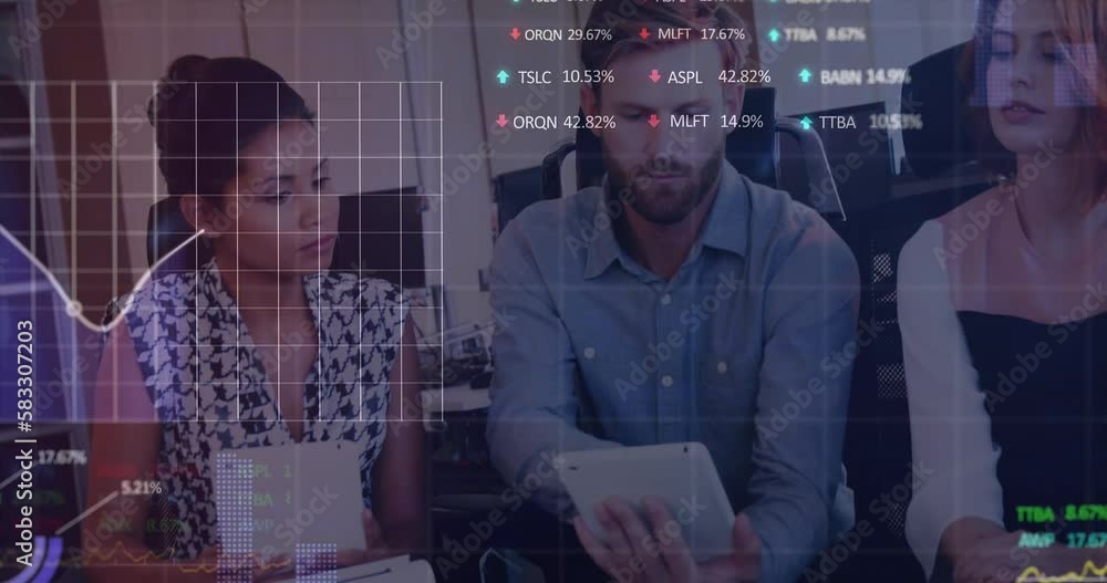 Poster animation of graphs and trading board over diverse coworkers discussing reports on digital tablet